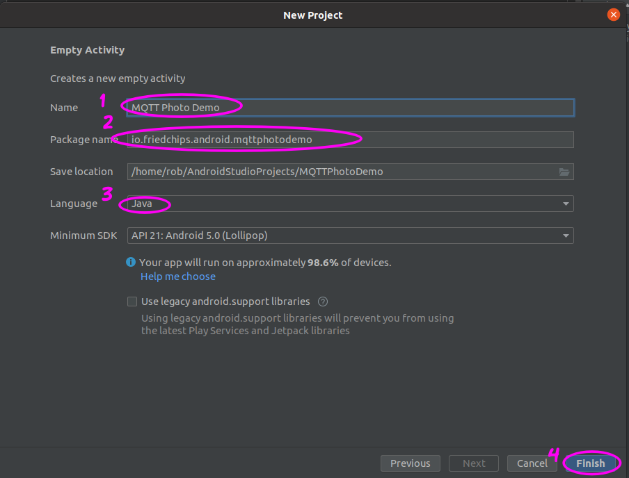 New Android project parameters